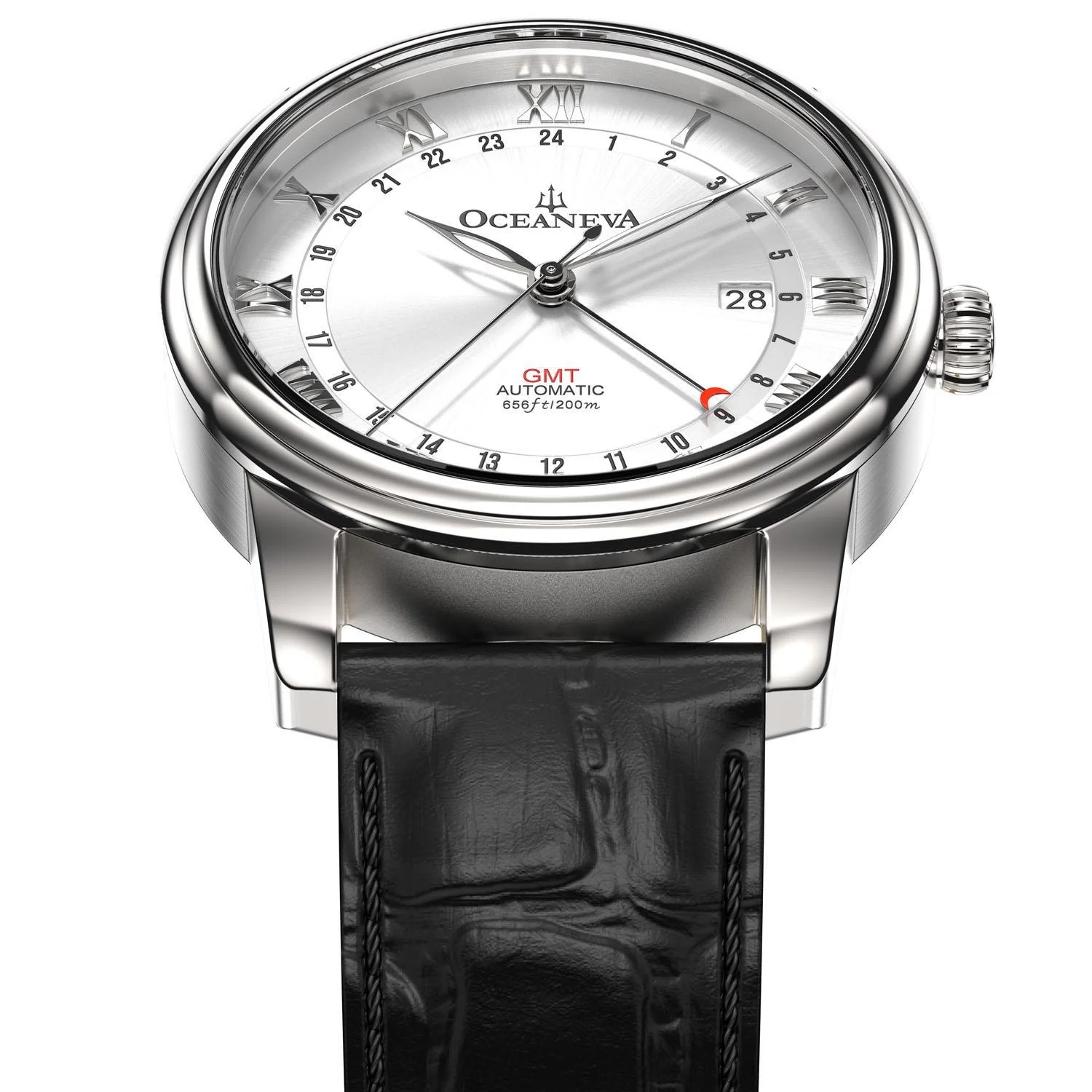 Oceaneva Men's OceanTrek GMT Automatic 200m Leather Watch Silver thumbnail 3