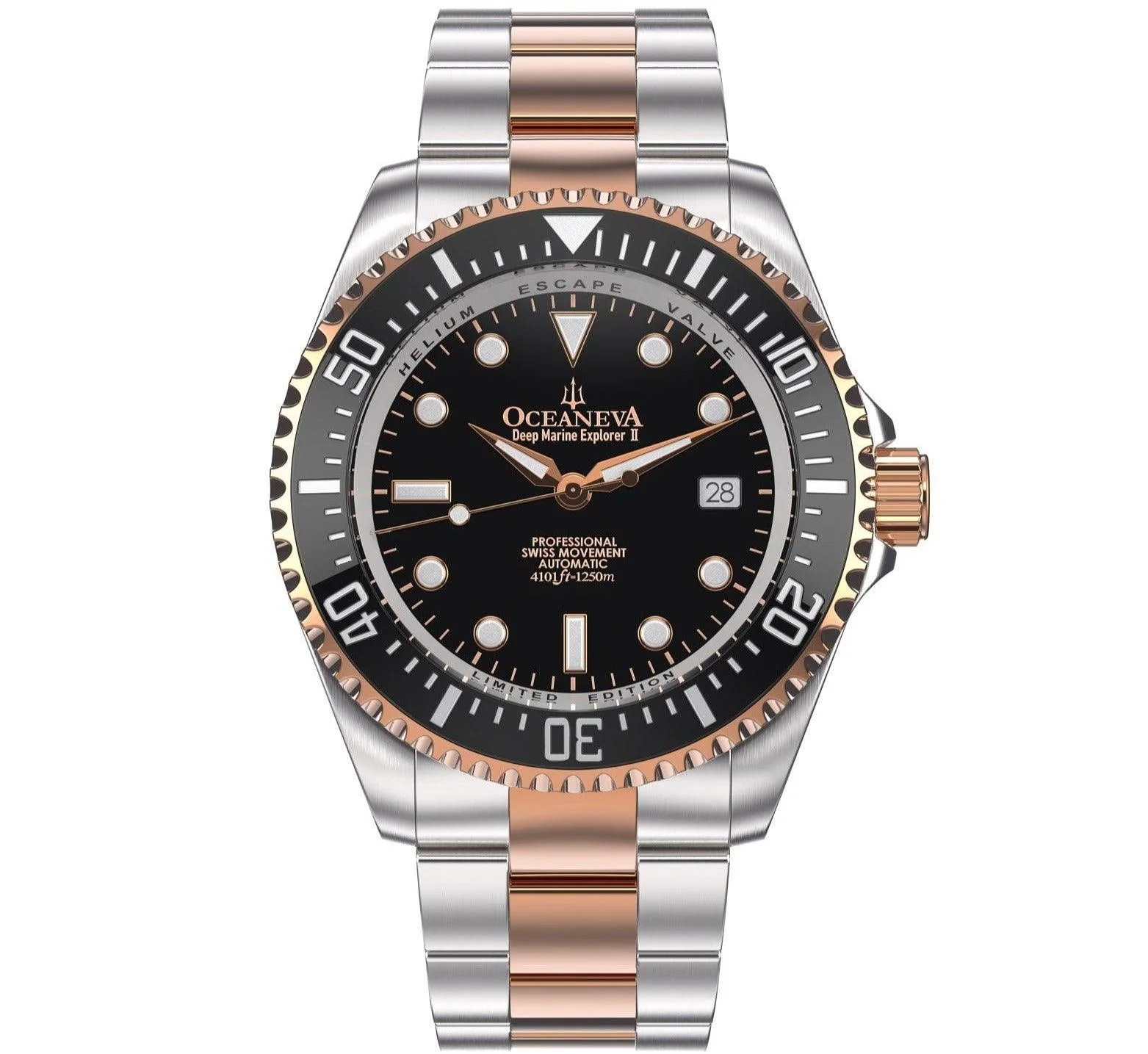 Oceaneva Men's Deep Marine Explorer II 1250M Pro Diver Watch Black Rose Gold thumbnail 3