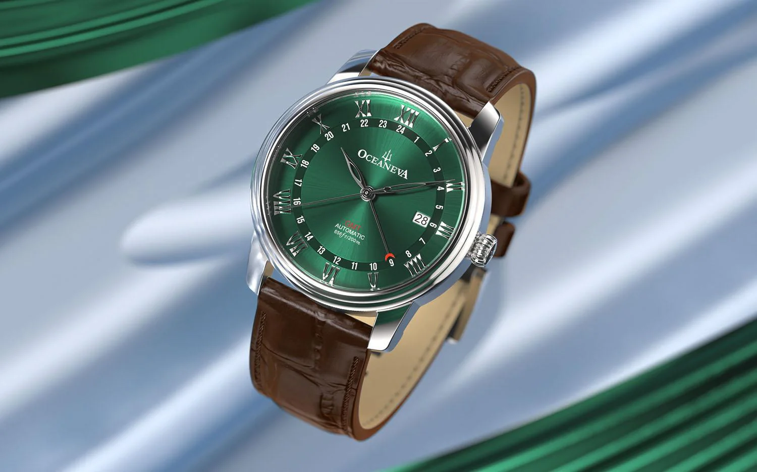 Oceaneva Men's OceanTrek GMT Automatic 200m Leather Watch Green thumbnail 4