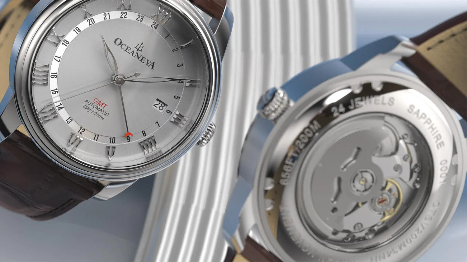Oceaneva Men's OceanTrek GMT Automatic 200m Leather Silver Watch thumbnail 2