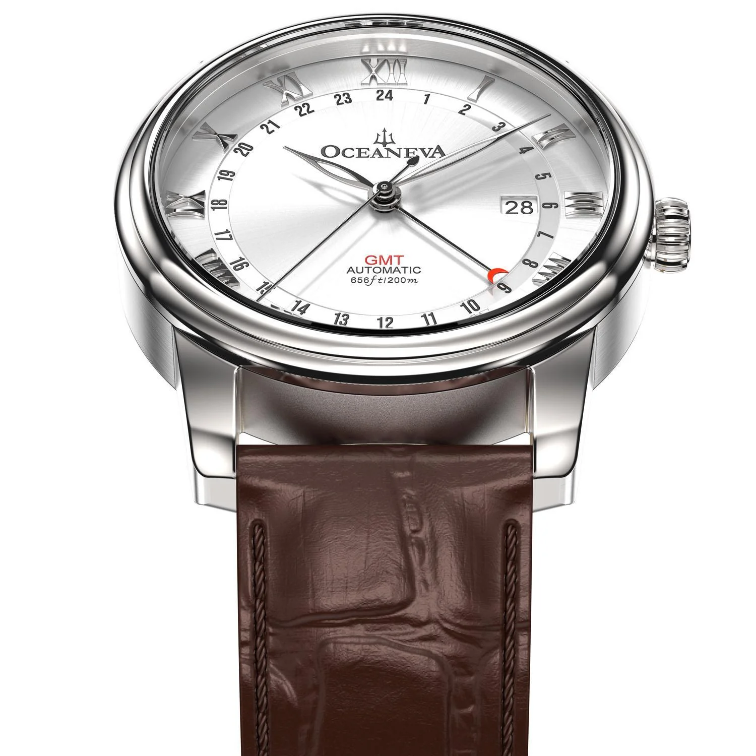 Oceaneva Men's OceanTrek GMT Automatic 200m Leather Silver Watch thumbnail 3