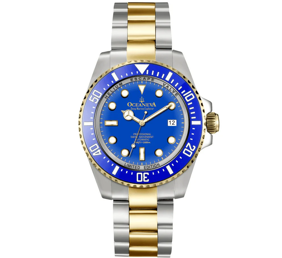 Oceaneva Men's Deep Marine Explorer 1000M Pro Diver Watch Blue and Gold thumbnail 3