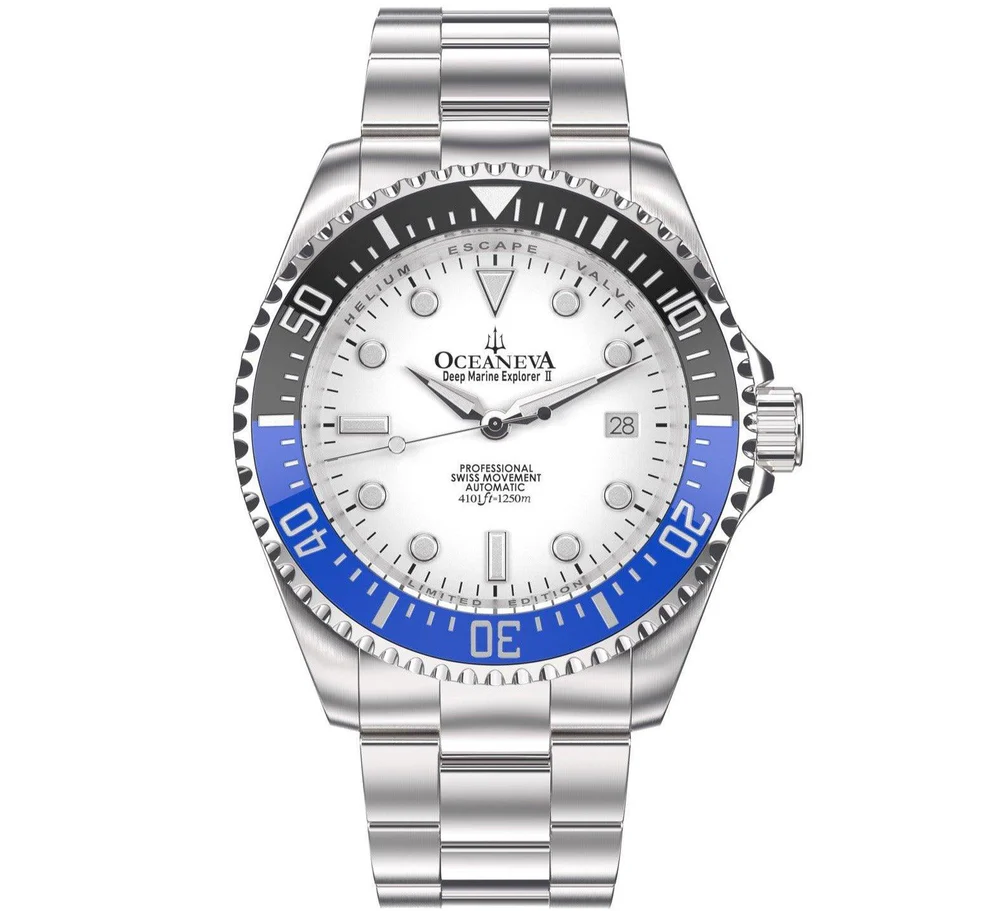 Oceaneva Men's Deep Marine Explorer II 1250m Damascus Steel Watch Rubber Strap thumbnail 4