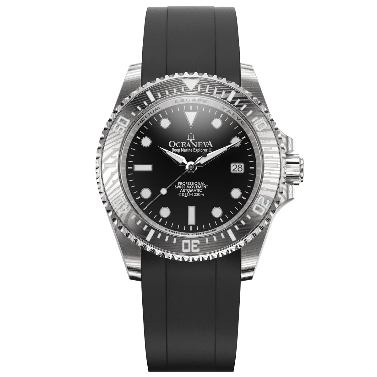 Oceaneva Men's Deep Marine Explorer II 1250m Damascus Steel Watch Rubber Strap