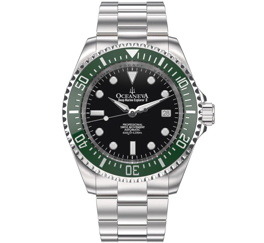 Oceaneva Men's Deep Marine Explorer II 1250M Pro Diver Watch Black and Green thumbnail 2