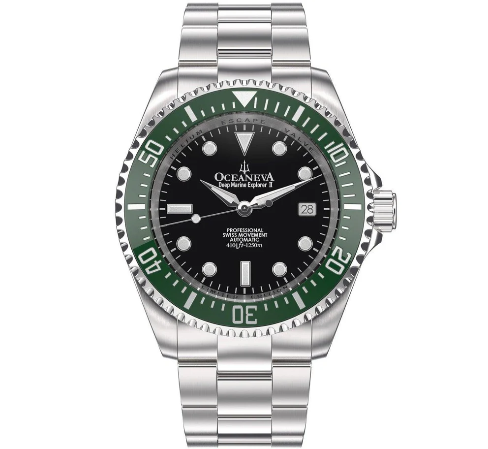 Oceaneva Men's Deep Marine Explorer II 1250M Pro Diver Watch Black and Green thumbnail 3