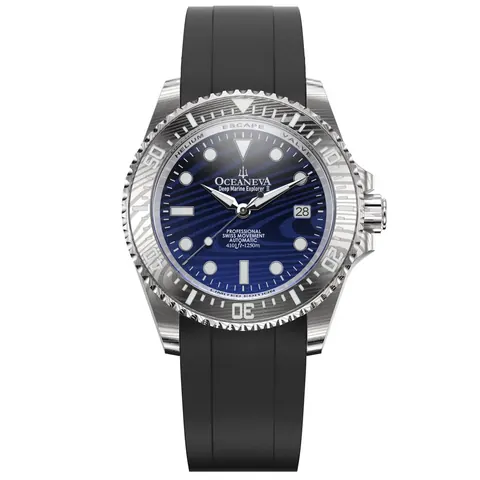 Oceaneva Mens Deep Marine Explorer II Blue Damascus Steel Dial Watch Rubber