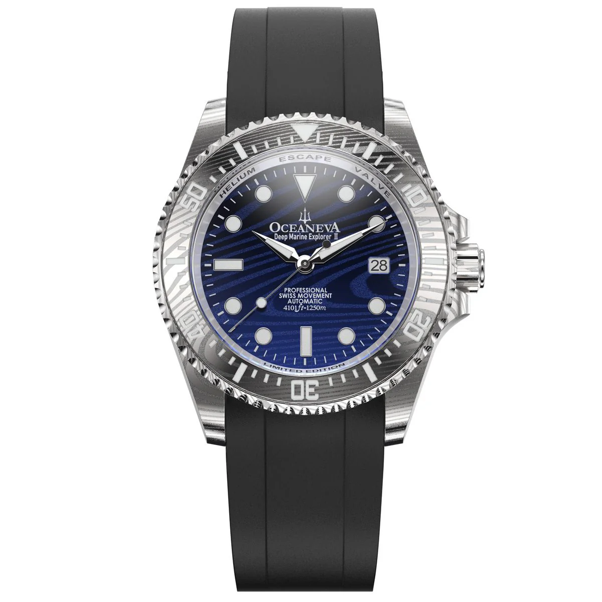 Oceaneva Mens Deep Marine Explorer II Blue Damascus Steel Dial Watch Rubber