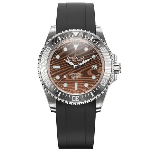 Oceaneva Mens Deep Marine Explorer II Coffee Brown Damascus Steel Dial Watch Rubber