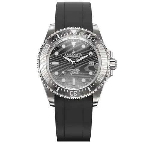 Oceaneva Mens Deep Marine Explorer II Damascus Steel Dial Watch Rubber