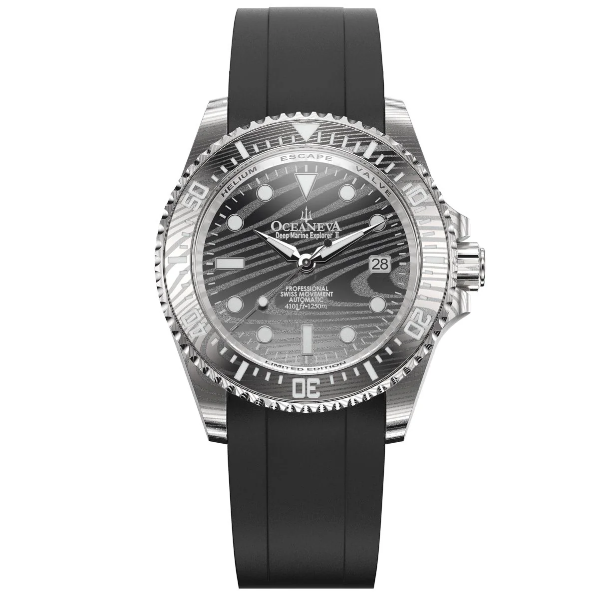 Oceaneva Mens Deep Marine Explorer II Damascus Steel Dial Watch Rubber
