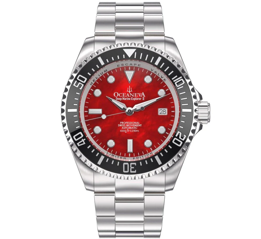 Oceaneva Mens Deep Marine Explorer II Damascus Steel Watch Red Dial thumbnail 4
