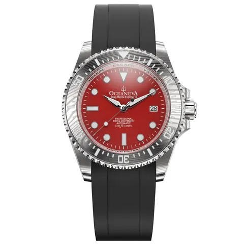 Oceaneva Mens Deep Marine Explorer II Damascus Steel Watch Red Dial