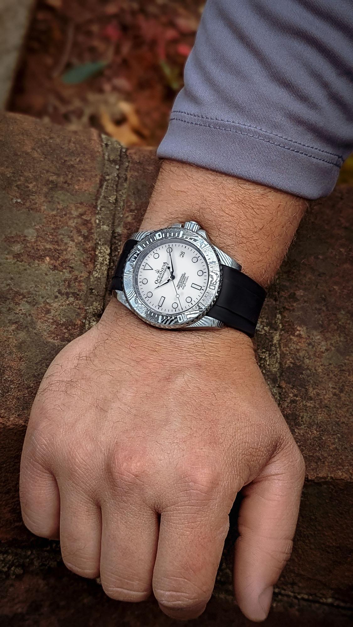 Oceaneva Mens Deep Marine Explorer II Damascus Steel Watch White Dial Black Strap thumbnail 3