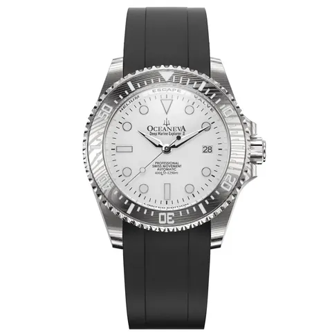 Oceaneva Mens Deep Marine Explorer II Damascus Steel Watch White Dial Black Strap