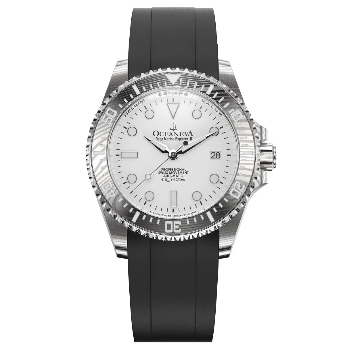 Oceaneva Mens Deep Marine Explorer II Damascus Steel Watch White Dial Black Strap