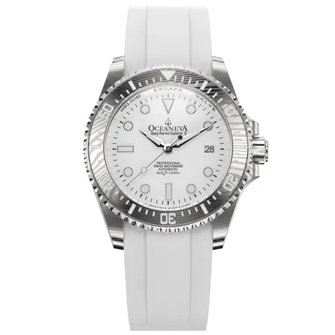 Oceaneva Mens Deep Marine Explorer II White Dial Damascus Steel Watch