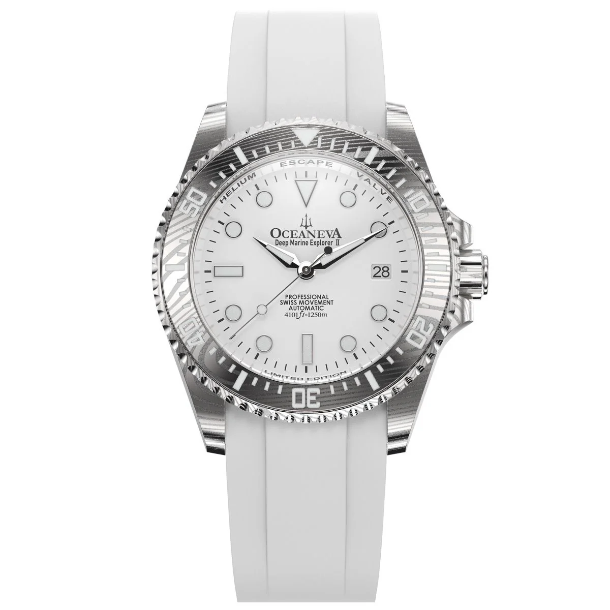 Oceaneva Mens Deep Marine Explorer II White Dial Damascus Steel Watch