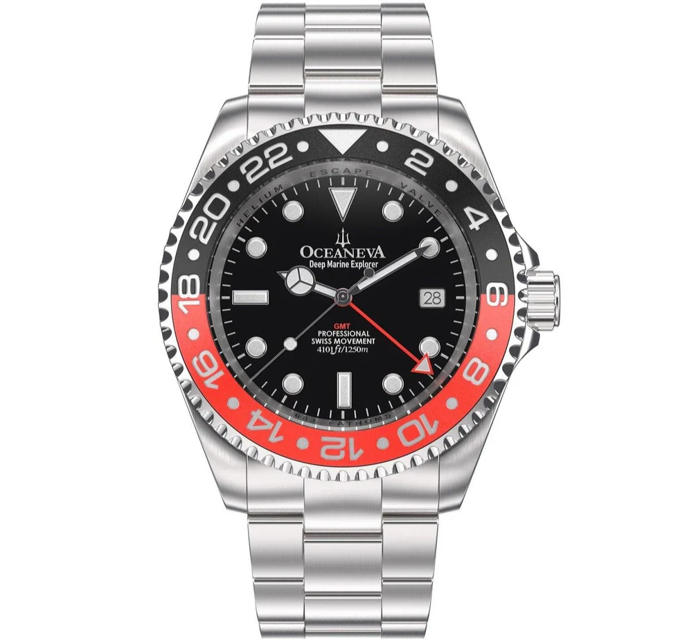Oceaneva Men's GMT Deep Marine Explorer 1250m WR Pro Diver Red and Black Bezel Diver Watch thumbnail 3