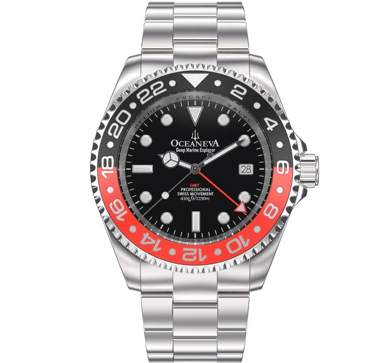 Oceaneva Men's GMT Deep Marine Explorer 1250m WR Pro Diver Red and Black Bezel Diver Watch thumbnail 4