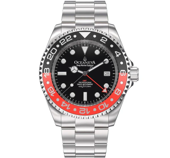 Oceaneva Men's GMT Deep Marine Explorer 1250m WR Pro Diver Red and Black Bezel Diver Watch thumbnail 5
