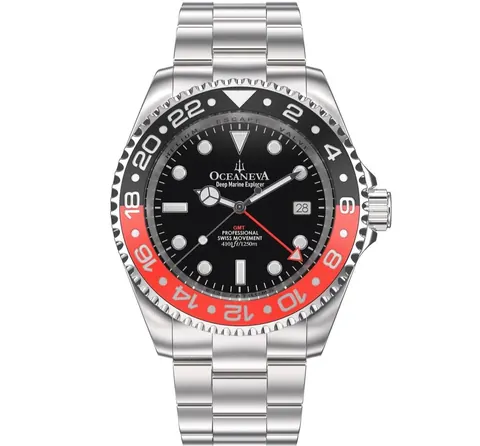 Oceaneva Men's GMT Deep Marine Explorer 1250m WR Pro Diver Red and Black Bezel Diver Watch