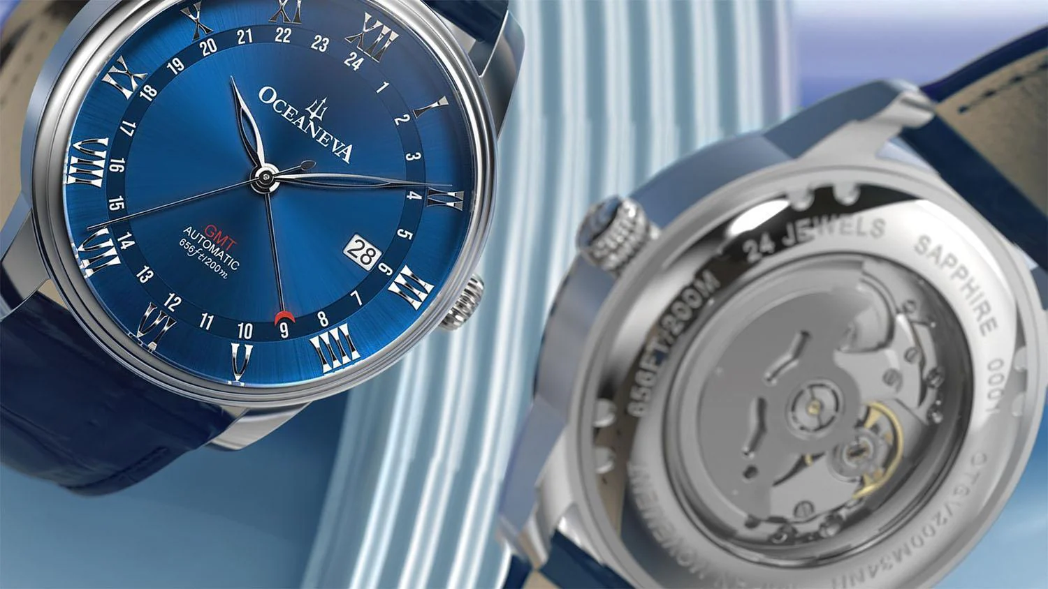Oceaneva Men's OceanTrek GMT Automatic 200m Leather Watch Blue thumbnail 2
