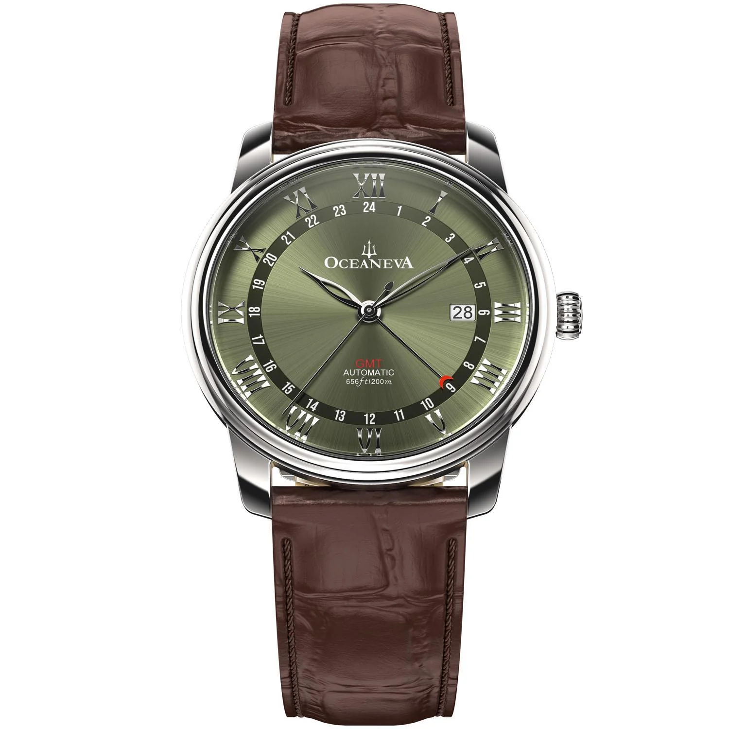 Oceaneva Men's OceanTrek GMT Automatic 200m Leather Watch Olive Drab selected view