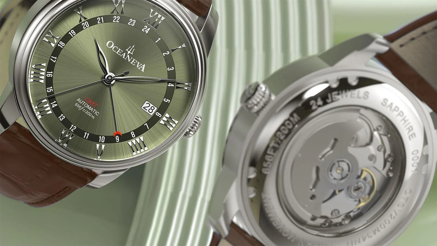 Oceaneva Men's OceanTrek GMT Automatic 200m Leather Watch Olive Drab thumbnail 3