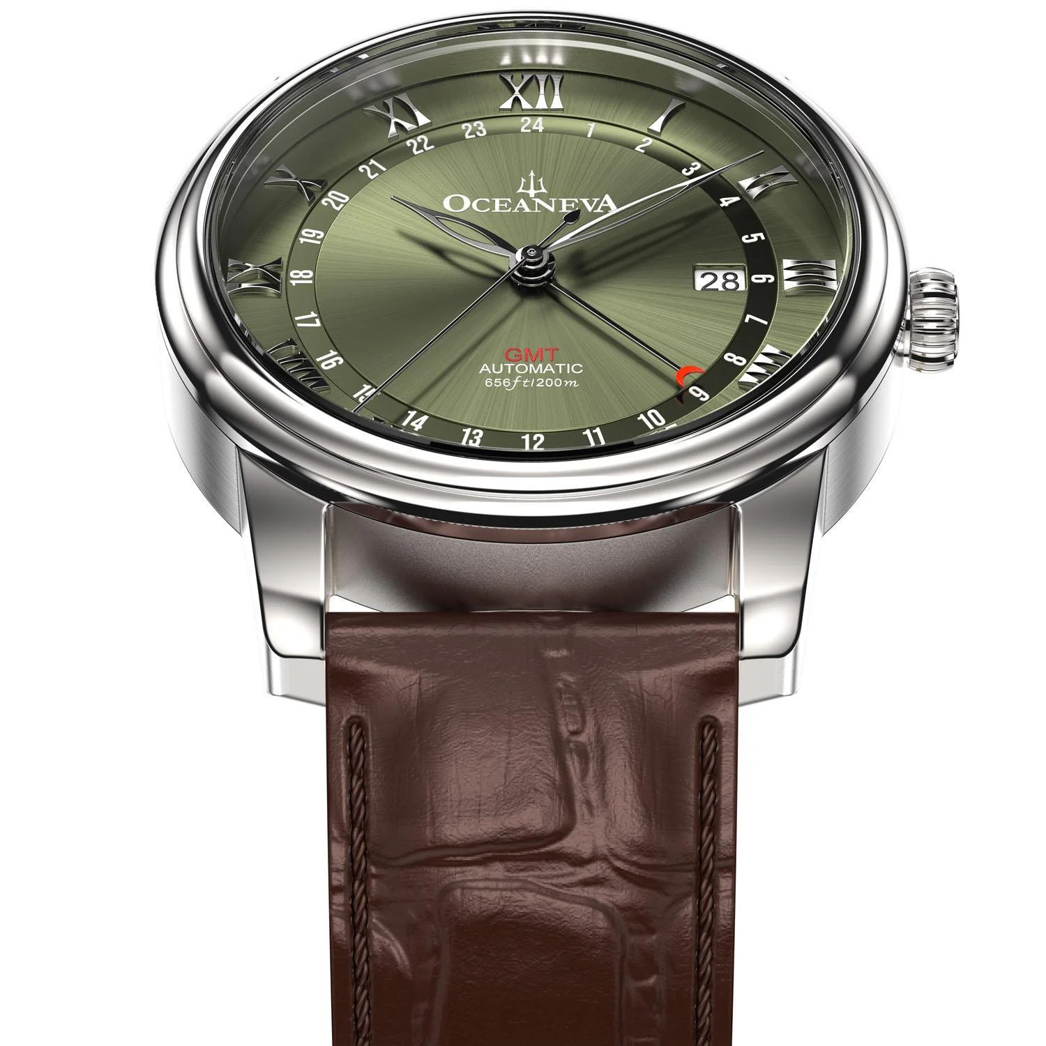 Oceaneva Men's OceanTrek GMT Automatic 200m Leather Watch Olive Drab thumbnail 4
