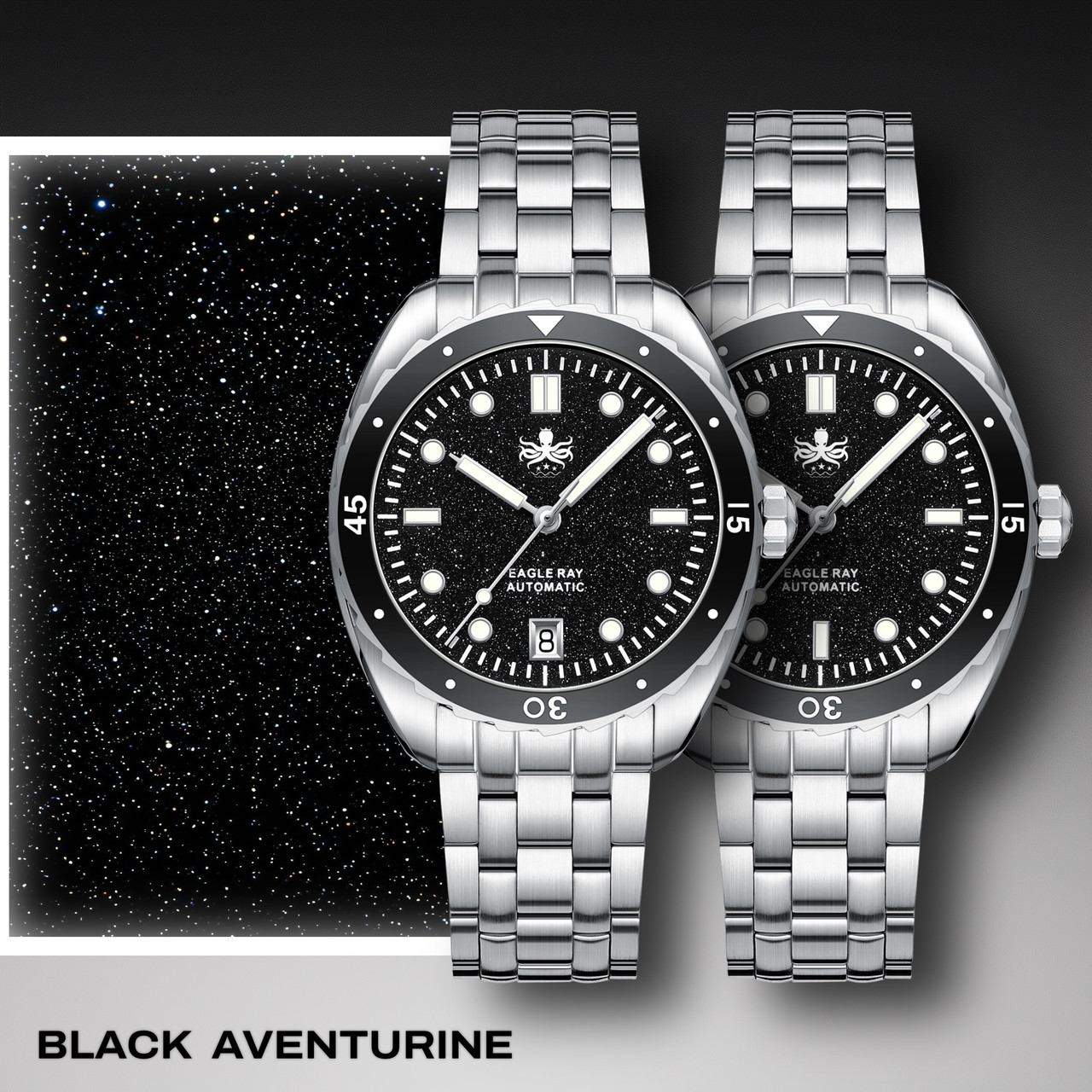 PHOIBOS EAGLE RAY 200M Automatic Diver Watch PY065CD Black Aventurine Date thumbnail 2