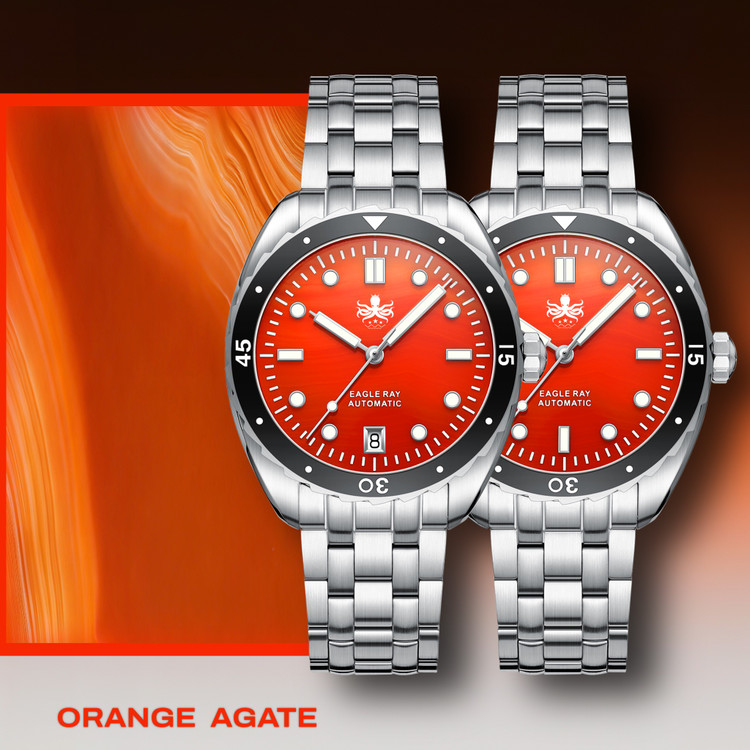 PHOIBOS EAGLE RAY 200M Automatic Diver Watch PY065FN Orange Agate No Date