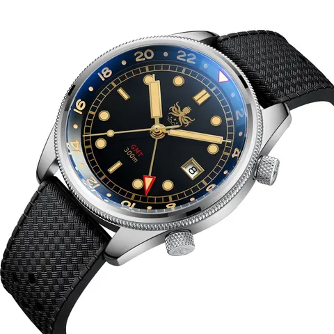 PHOIBOS EAGLE RAY GMT PX023D 300M Dive Watch Black&Gold