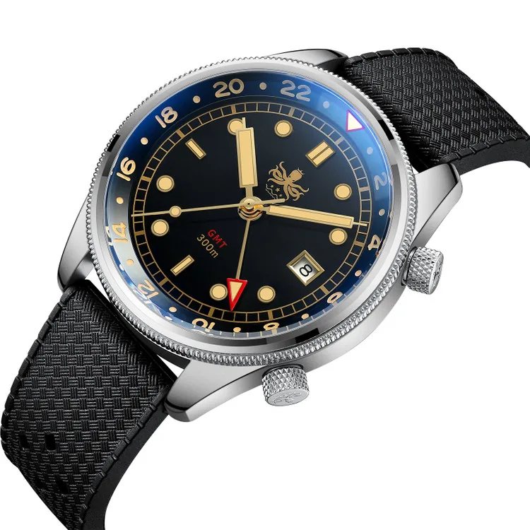 PHOIBOS EAGLE RAY GMT PX023D 300M Dive Watch Black&Gold selected view
