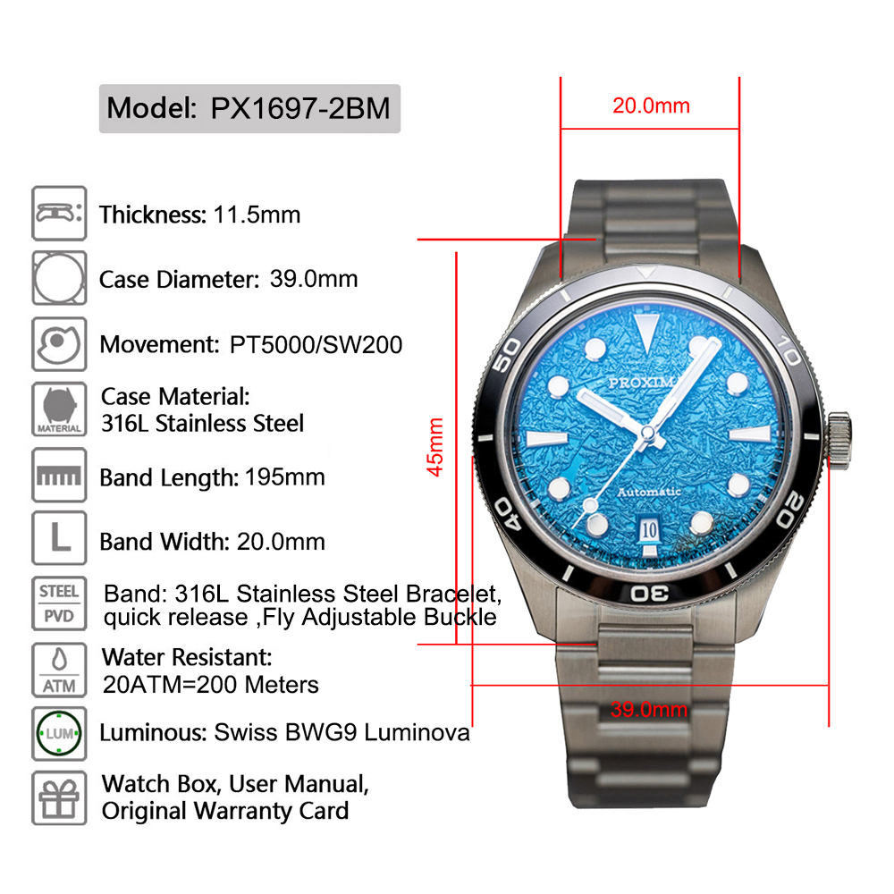 Proxima PX1697-2BN 39mm Men Watch Ice Flower Texture Dial Bubble Sapphire PT5000 Automatic Mechanical Watches WR 20Bar Luminous thumbnail 2