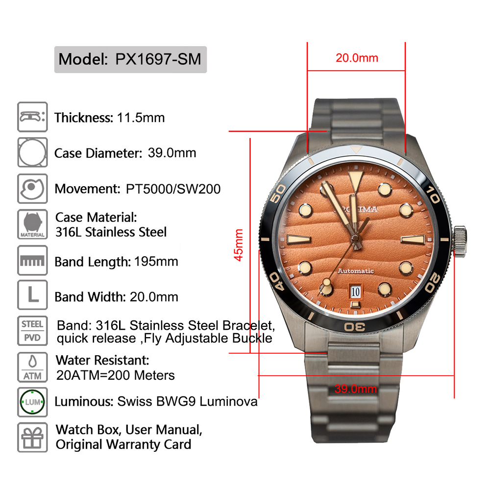 Proxima PX1697-SM 39mm Men Watch Desert Texture Dial Bubble Sapphire PT5000 Automatic Mechanical Watches WR 20Bar Luminous thumbnail 4