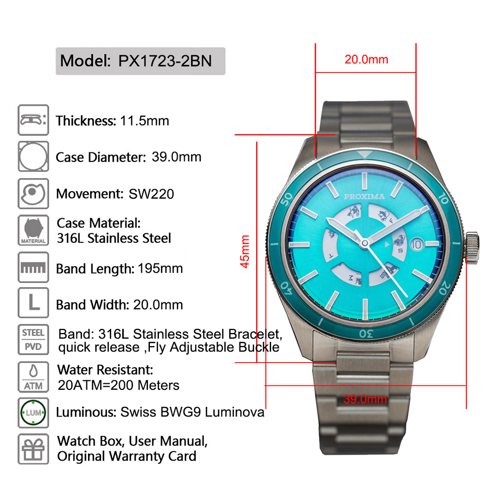 Proxima PX1723 Luxury Men Watch SW220 Movement Sunburst Dial Automatic Sapphire Crystal BGW9 Super Luminous 200M Waterproof selected view