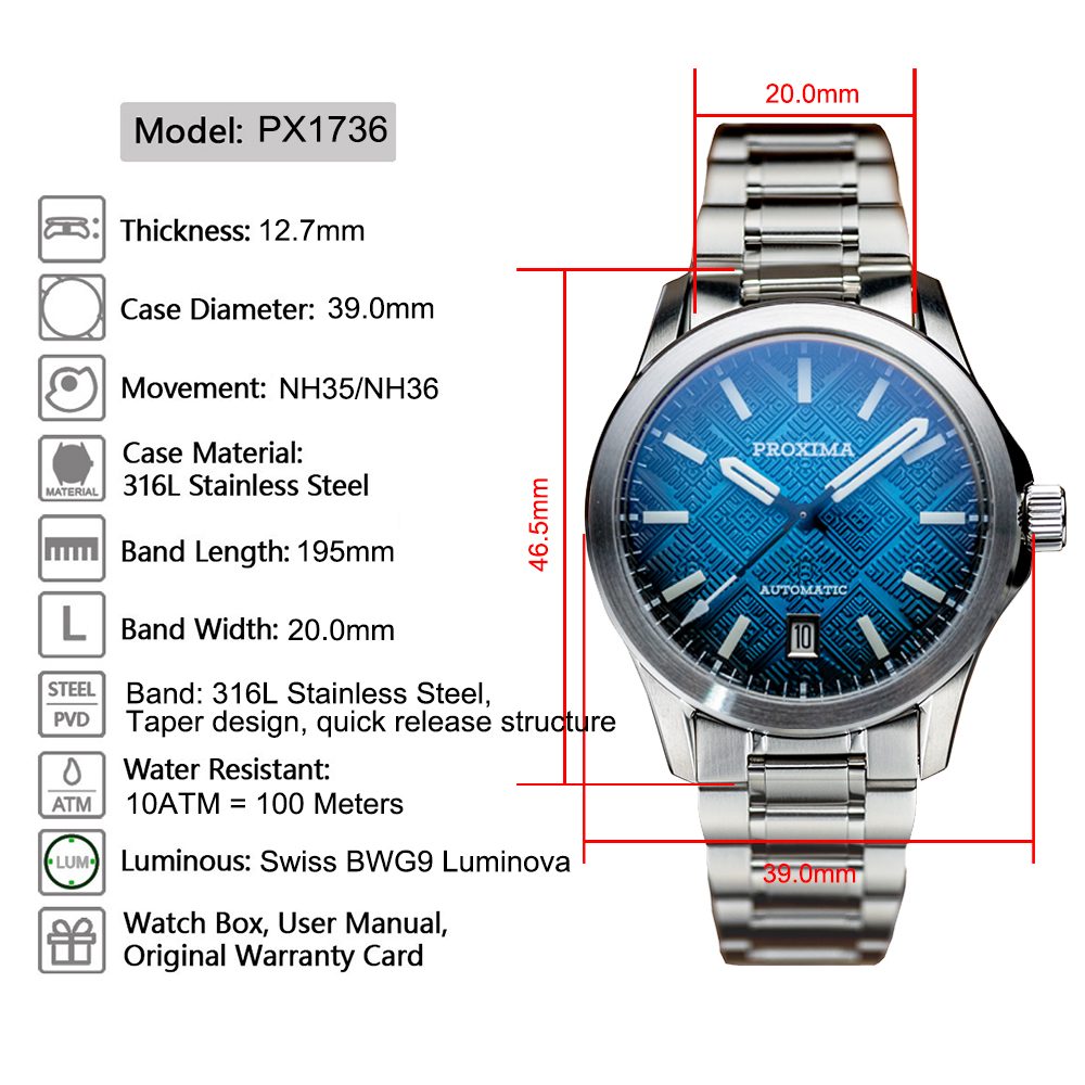 Proxima 2025 New Oil Pressure Dial Full Luminous 39mm Dive Watch Luxury Men Watch NH35 NH36 Automatic Mechanical WR 100m PX1736 thumbnail 2