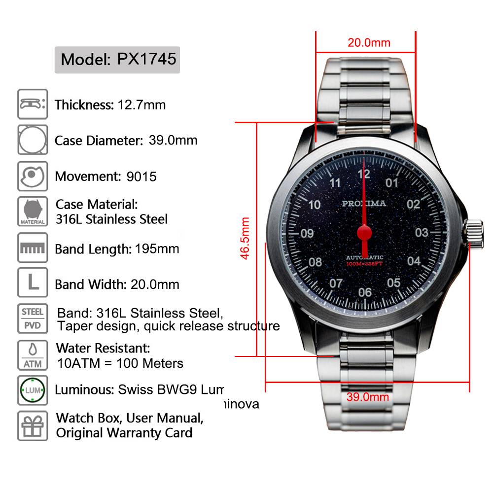 Proxima PX1745 Men's Watches Luxury 9015 Automatic One Hand Watch Stainless Steel Sapphire Crystal Glass 100M Waterproof thumbnail 2