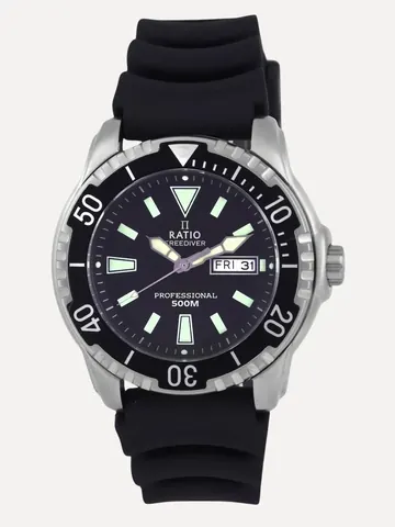 Ratio FreeDiver Black Dial PU Strap Quartz 48HA90-12-BLK 500M Mens Watch