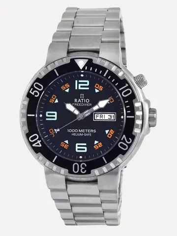 Ratio FreeDiver Black Dial Stainless Steel Quartz 1050HA93-19V-BLK 1000M Mens Watch