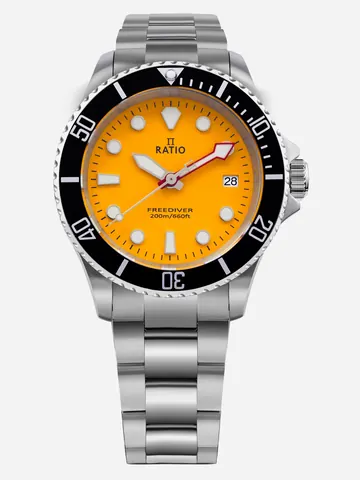 Ratio FreeDiver Sapphire Stainless Steel Yellow Dial Quartz RTF034 200M Men's Watch