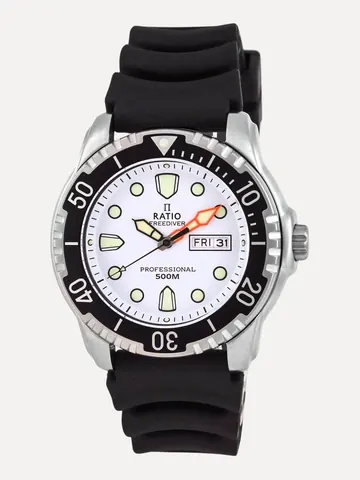 Ratio FreeDiver White Dial PU Strap Quartz 48HA90-02-WHT 500M Mens Watch