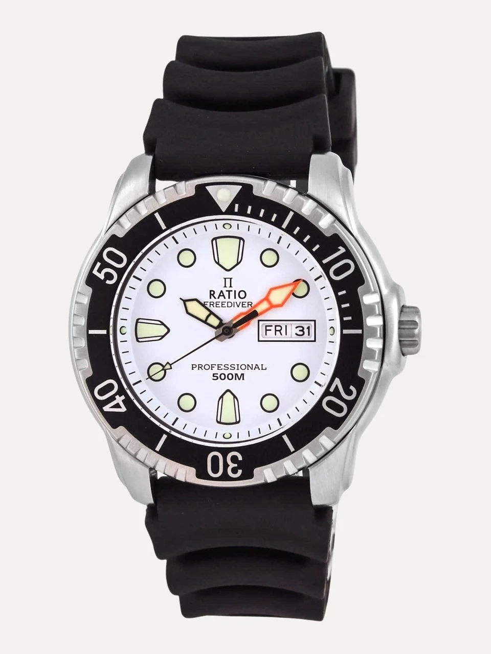 Ratio FreeDiver White Dial PU Strap Quartz 48HA90-02-WHT 500M Mens Watch