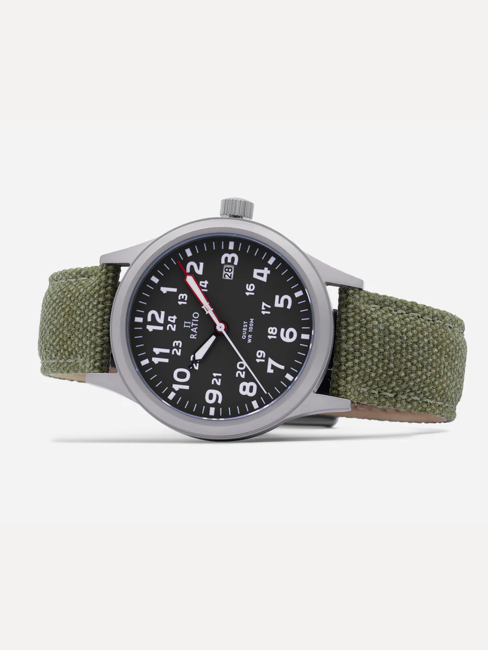 Ratio Quest Men's Field Watch Sapphire Canvas Strap Khaki Green Dial Quartz RTQ029 100M Lewis And Clark Edition