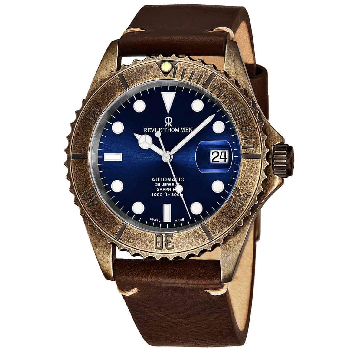 Revue Thommen 17571.2585 'Diver' Blue Dial Brown Leather Strap Gunmetal Automatic Watch thumbnail 2