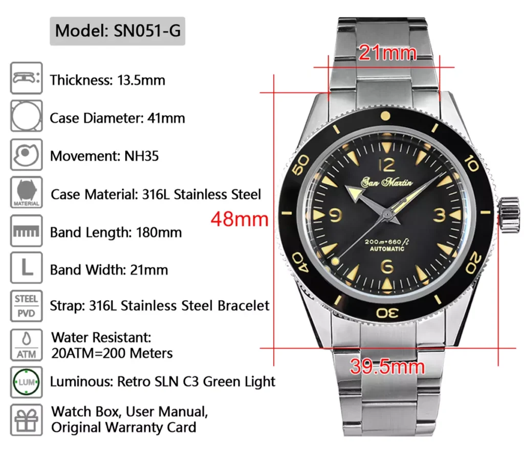 SAN MARTIN mechanical diving watch 200 meters waterproof SN051-G SM300 thumbnail 2