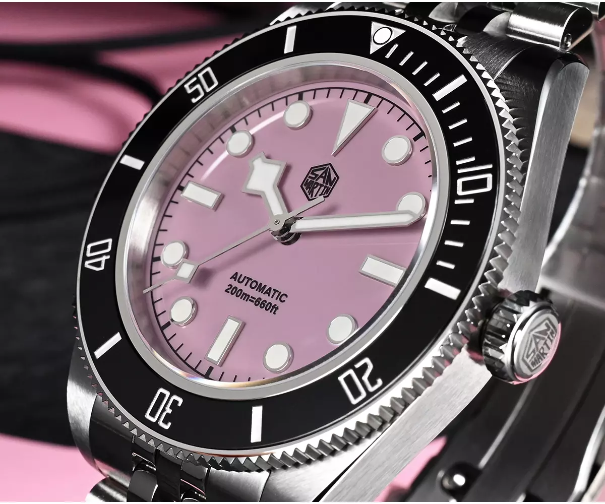 San Martin New SN0128-4 40mm NH35 BB Diver Watch snowflake hands Automatic Mechanical Sapphire black PINK dial thumbnail 2