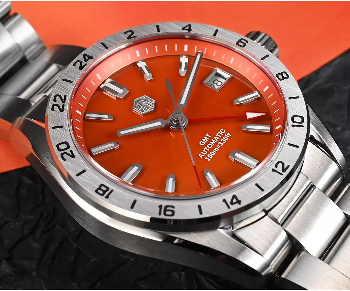 San Martin New SN0129-B-1 39mm NH34 Luxury Mens Business Dress GMT Watch Automatic Mechanical Date Windows Waterproof 100m Luminous With Red Agate and Green Jade Dial thumbnail 2