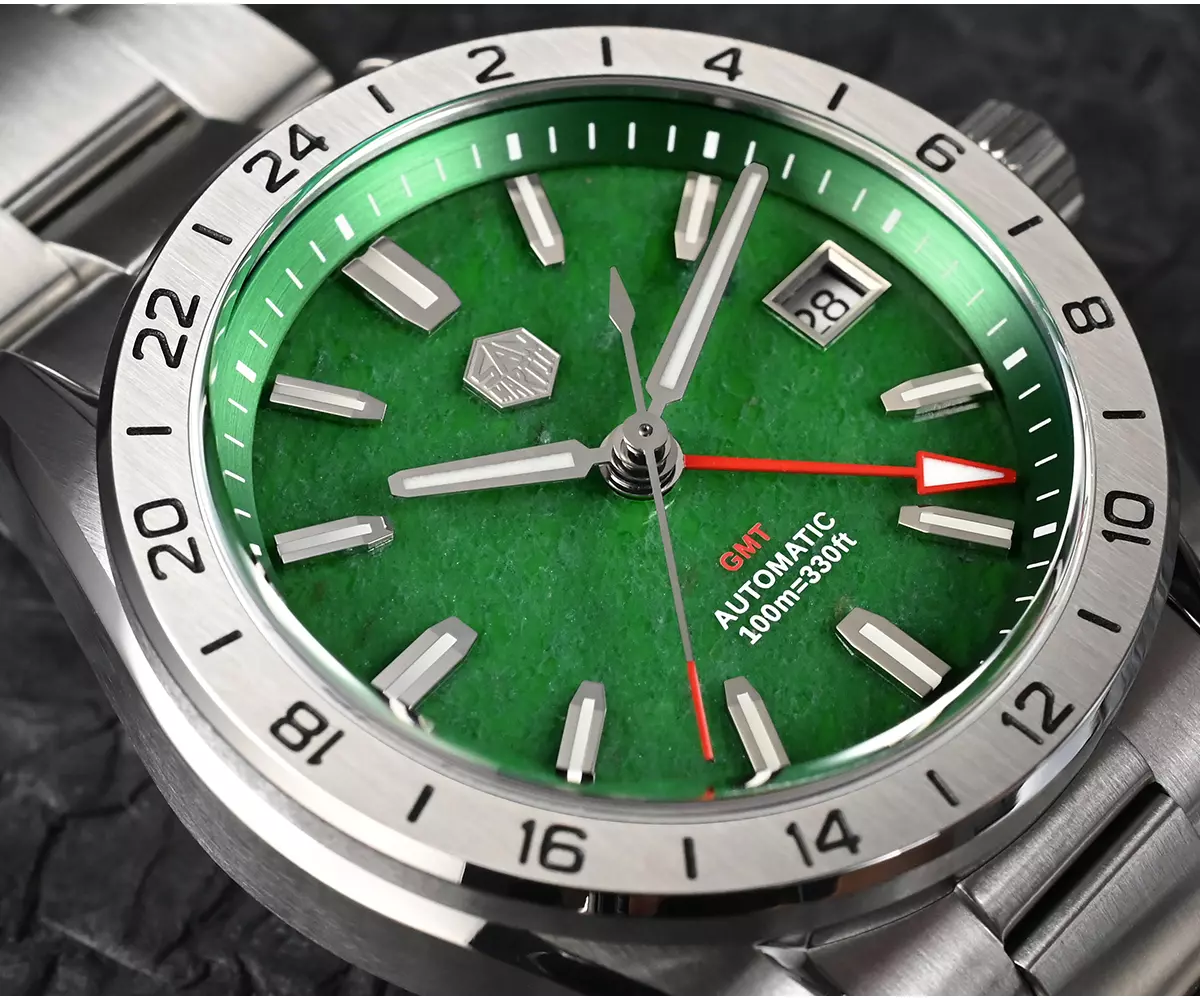 San Martin New SN0129-B-1 39mm NH34 Luxury Mens Business Dress GMT Watch Automatic Mechanical Date Windows Waterproof 100m Luminous With Red Agate and Green Jade Dial thumbnail 3